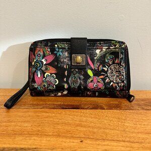 NWOT, Sakroots, Black and Pink Multicolor Zipper Wallet, Owl and Flowers